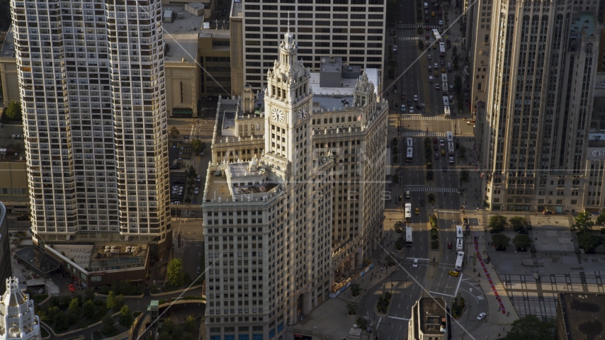 A view of the Wrigley Building in Downtown Chicago, Illinois Aerial Stock Photo AX0001_117.0000187F | Axiom Images