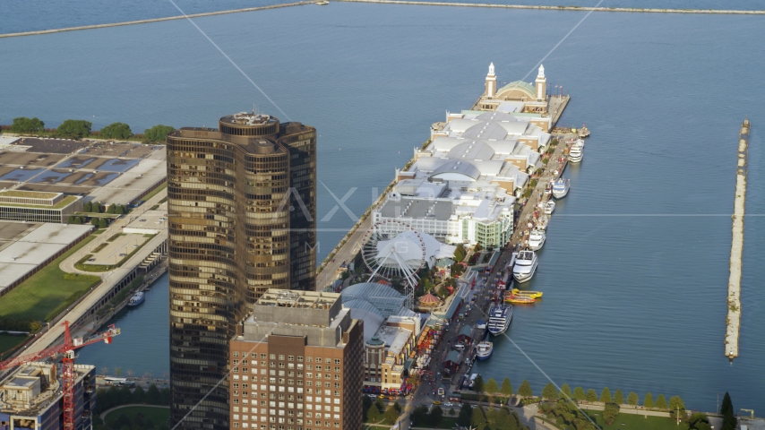 Lake Point Tower and Navy Pier in Downtown Chicago, Illinois Aerial Stock Photo AX0001_119.0000003F | Axiom Images