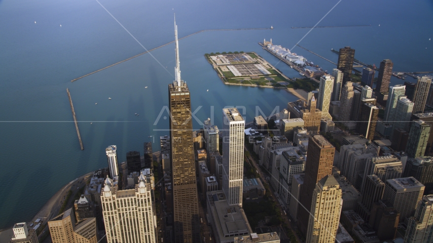 A view of John Hancock Center near Lake Michigan, Downtown Chicago, Illinois Aerial Stock Photo AX0001_133.0000295F | Axiom Images