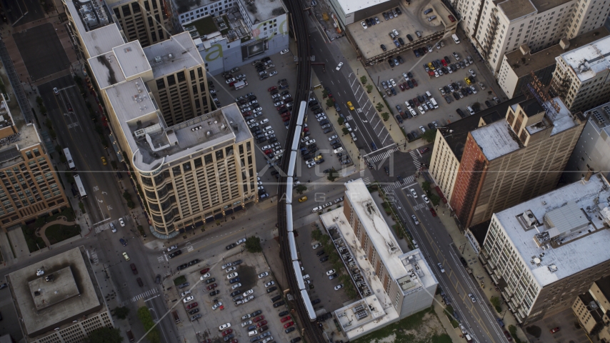 An L Train in Downtown Chicago, Illinois Aerial Stock Photo AX0001_145.0000214F | Axiom Images