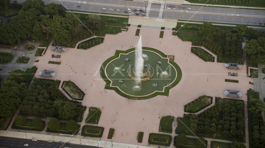 A plume of water at Buckingham Fountain, Grant Park, Downtown Chicago, Illinois Aerial Stock Photo AX0001_150.0000223F | Axiom Images