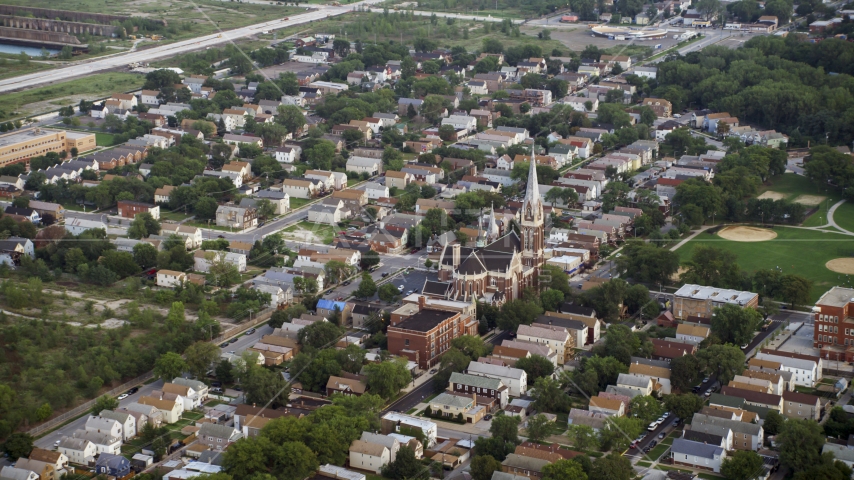 Urban neighborhood and St. Michael Catholic Church, Chicago, Illinois Aerial Stock Photo AX0001_160.0000028F | Axiom Images