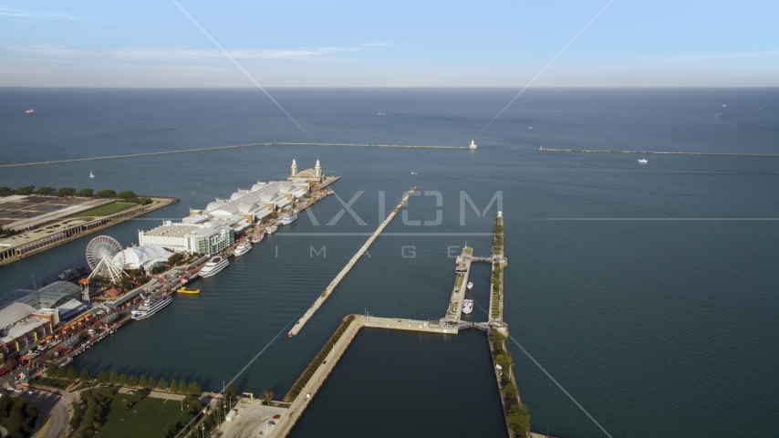 A wide view of Lake Michigan from Navy Pier in Chicago, Illinois Aerial Stock Photo AX0002_043.0000075F | Axiom Images