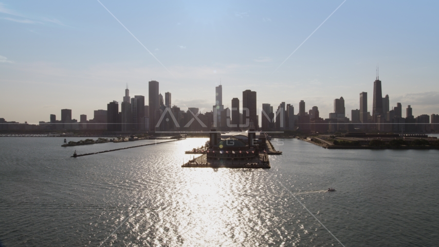 Navy Pier and the Downtown Chicago skyline seen from Lake Michigan, Illinois Aerial Stock Photo AX0002_046.0000122F | Axiom Images