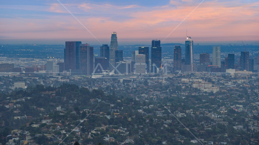 Downtown Los Angeles skyline at twilight, California Aerial Stock Photo AX0158_005.0000601 | Axiom Images