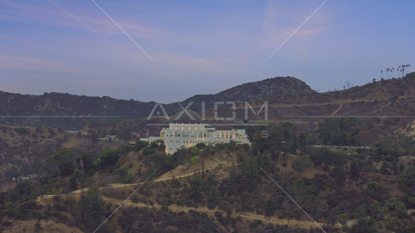 The front of the Griffith Observatory at twilight, Los Angeles, California Aerial Stock Photo AX0158_009.0000242 | Axiom Images