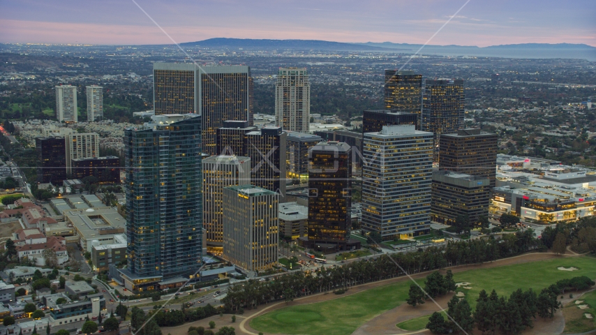 Office buildings and skyscrapers at twilight, Century City, California Aerial Stock Photo AX0158_024.0000157 | Axiom Images