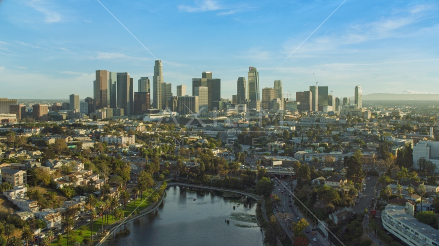 The skyline of Downtown Los Angeles, California seen from Echo Park Lake Aerial Stock Photo AX0162_001.0000318 | Axiom Images