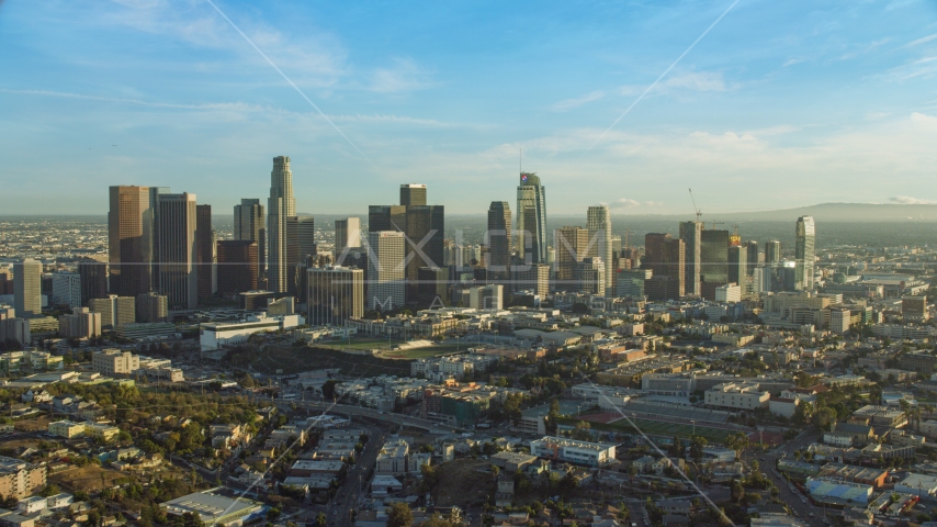The skyline in Downtown Los Angeles, California Aerial Stock Photo AX0162_002.0000293 | Axiom Images