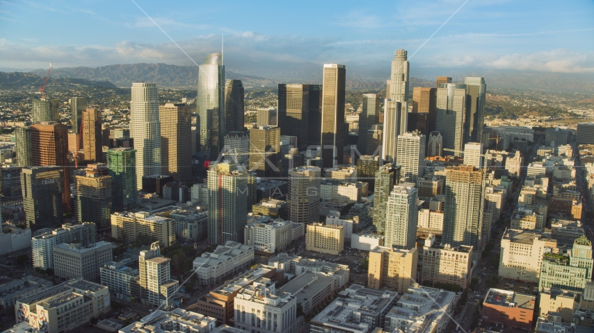 A view of tall skyscrapers in Downtown Los Angeles, California Aerial Stock Photo AX0162_007.0000399 | Axiom Images