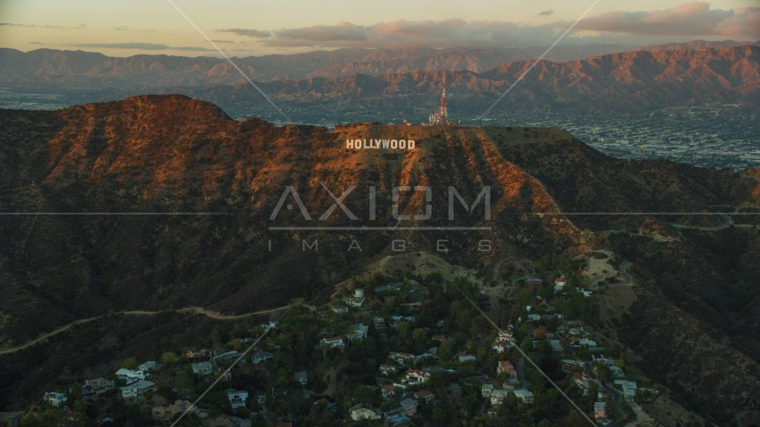 The Hollywood Sign at twilight in Los Angeles, California Aerial Stock Photo AX0162_101.0000000 | Axiom Images
