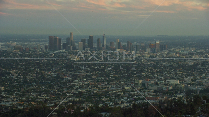 The skyline of Downtown Los Angeles, California at twilight Aerial Stock Photo AX0162_106.0000414 | Axiom Images