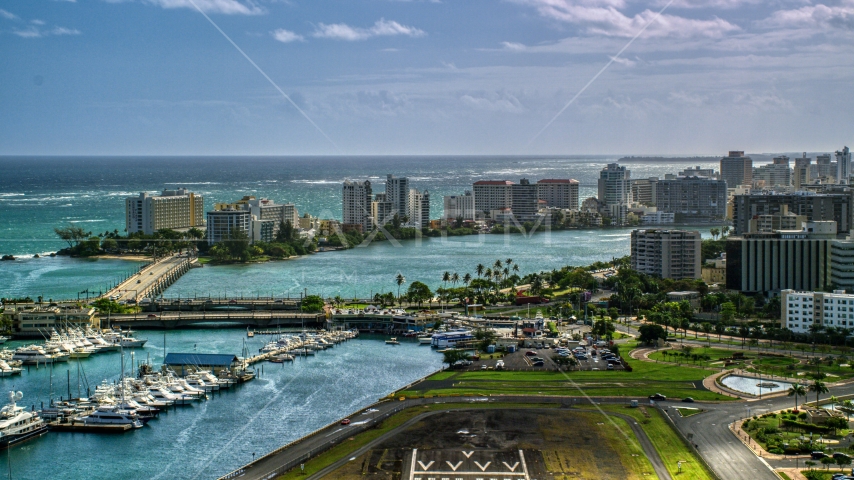 Waterfront hotels and apartment buildings in San Juan, Puerto Rico Aerial Stock Photo AX101_002.0000198F | Axiom Images