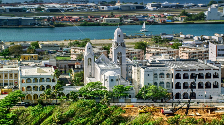 Caribbean island cathedral in San Juan, Puerto Rico Aerial Stock Photo AX101_008.0000119F | Axiom Images
