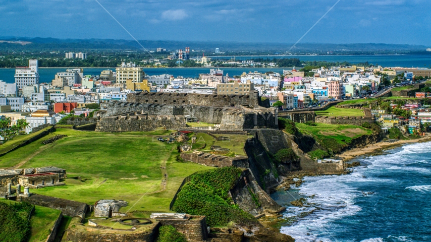 Historic fort on a Caribbean island in Old San Juan, Puerto Rico Aerial Stock Photo AX101_009.0000000F | Axiom Images