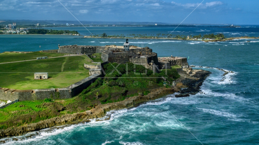 Historic Fort San Felipe del Morro on the coast of Old San Juan, Puerto Rico Aerial Stock Photo AX101_011.0000142F | Axiom Images