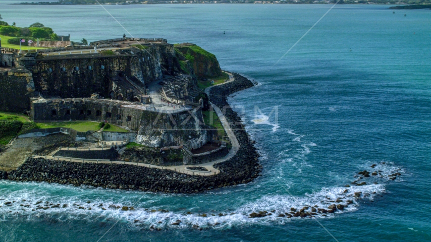 Historic coastal fort in the Caribbean, Old San Juan, Puerto Rico Aerial Stock Photo AX101_013.0000000F | Axiom Images