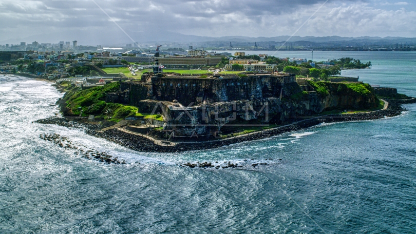 Historic fort on the coast, Old San Juan, Puerto Rico Aerial Stock Photo AX101_014.0000000F | Axiom Images