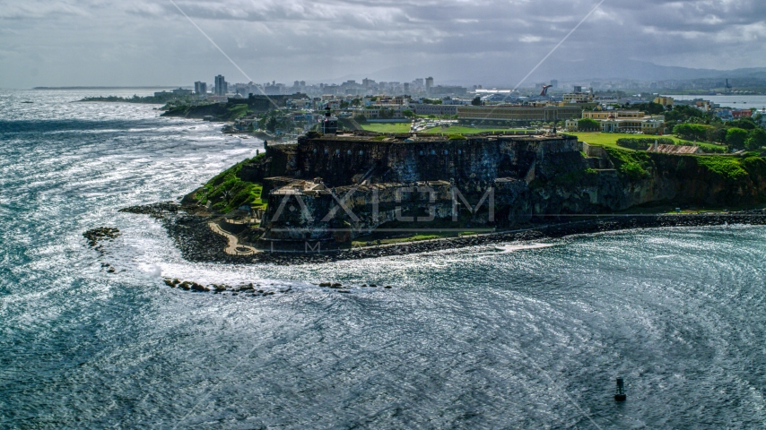 Coastal historic fort in Old San Juan, Puerto Rico Aerial Stock Photo AX101_014.0000165F | Axiom Images