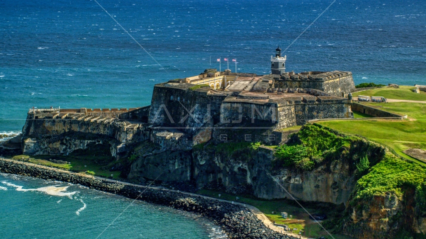 Fort San Felipe del Morro, a Caribbean fort, in Old San Juan, Puerto Rico Aerial Stock Photo AX101_016.0000189F | Axiom Images