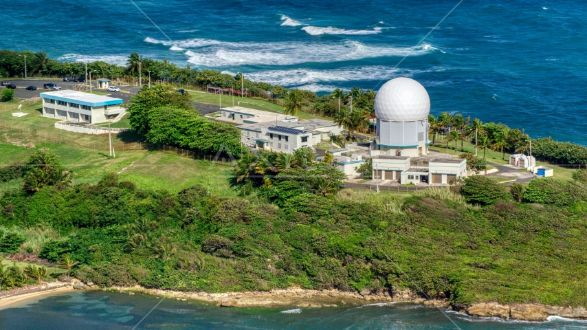 Punta Salinas Radar Site overlooking the blue waters of the Caribbean, Toa Baja, Puerto Rico Aerial Stock Photo AX101_029.0000000F | Axiom Images