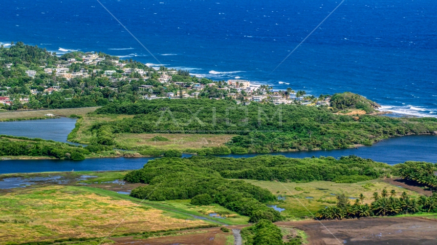 Resort town along the blue Caribbean coastal waters, Dorado, Puerto Rico Aerial Stock Photo AX101_032.0000227F | Axiom Images