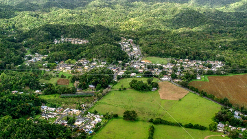 Rural homes and farm fields in Vega Alta, Puerto Rico Aerial Stock Photo AX101_037.0000201F | Axiom Images