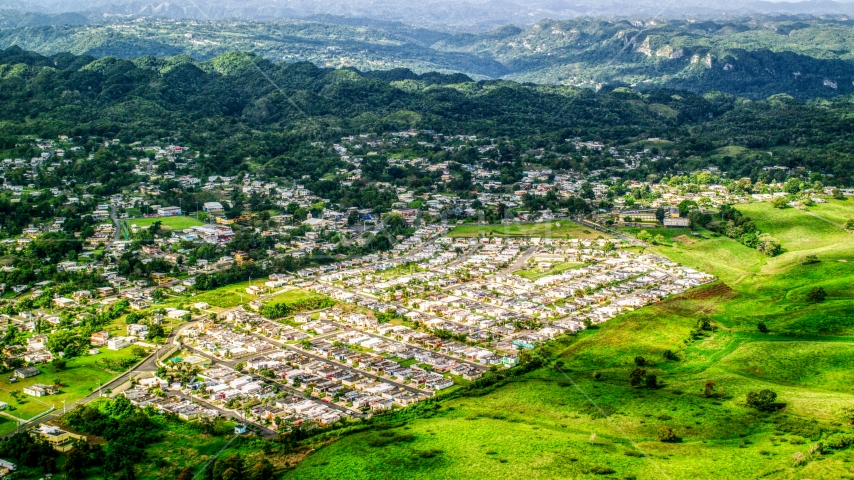 Small town neighborhoods, Morovis, Puerto Rico  Aerial Stock Photo AX101_044.0000000F | Axiom Images