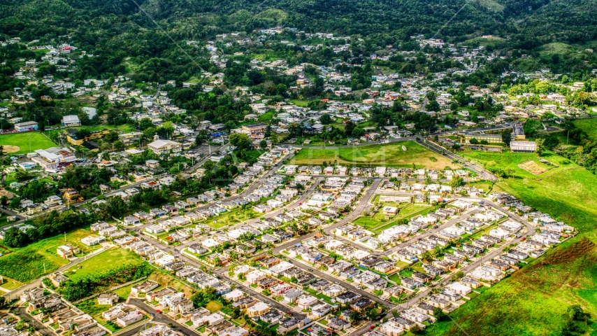 Neighborhood in a small town, Morovis, Puerto Rico  Aerial Stock Photo AX101_044.0000172F | Axiom Images