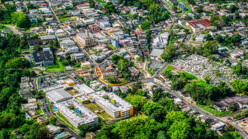 The small Caribbean town of Ciales, Puerto Rico  Aerial Stock Photo AX101_047.0000197F | Axiom Images
