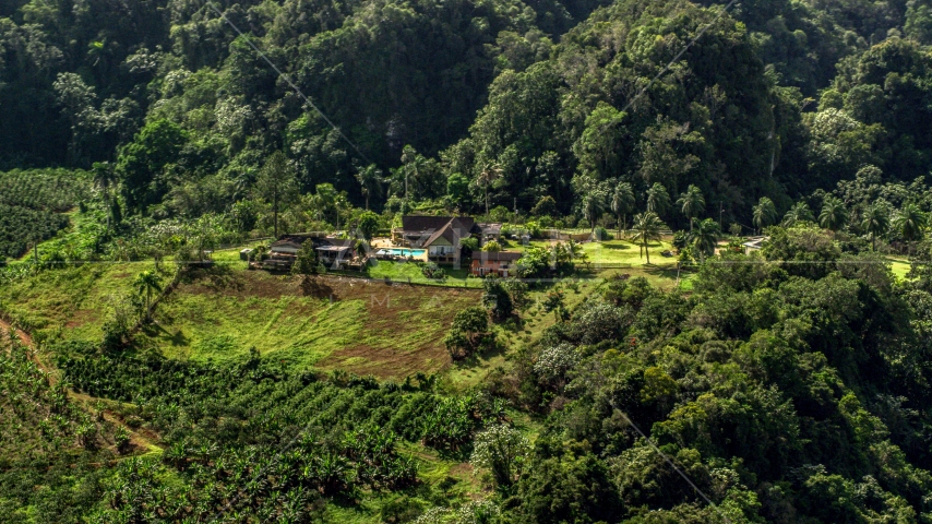 Small isolated farmhouse by lush green forests, Karst Forest, Puerto Rico Aerial Stock Photo AX101_071.0000178F | Axiom Images