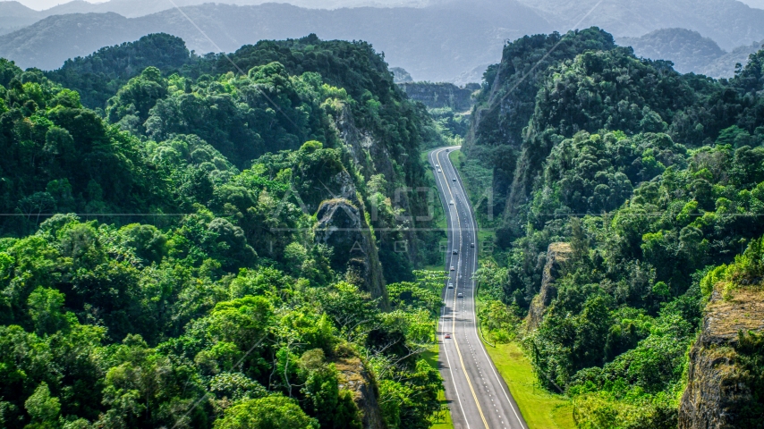 A highway cutting through lush green mountains, Karst Forest, Puerto Rico Aerial Stock Photo AX101_085.0000000F | Axiom Images