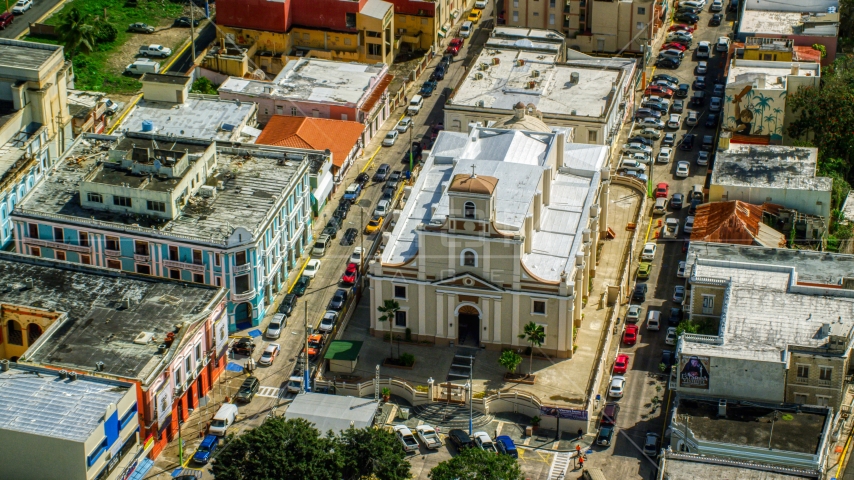The Catedral San Felipe in Arecibo, Puerto Rico Aerial Stock Photo AX101_138.0000328F | Axiom Images