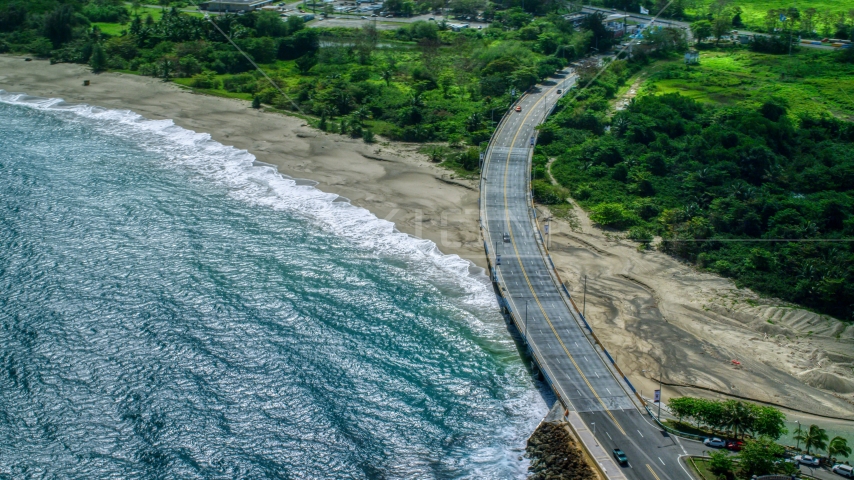 Coastal road cutting through trees and over a beach by blue water, Arecibo, Puerto Rico  Aerial Stock Photo AX101_140.0000000F | Axiom Images