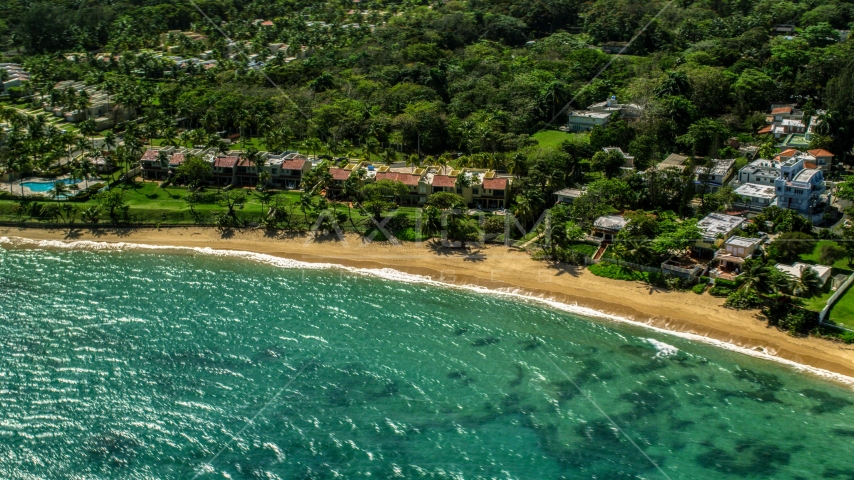Beachfront homes by the water on a Caribbean island, Dorado, Puerto Rico Aerial Stock Photo AX101_213.0000288F | Axiom Images