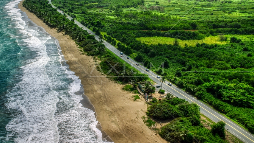 Coastal highway and island beach in Dorado, Puerto Rico  Aerial Stock Photo AX101_223.0000000F | Axiom Images