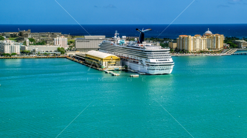 Cruise ship anchored at the Port of San Juan, Puerto Rico  Aerial Stock Photo AX101_237.0000257F | Axiom Images
