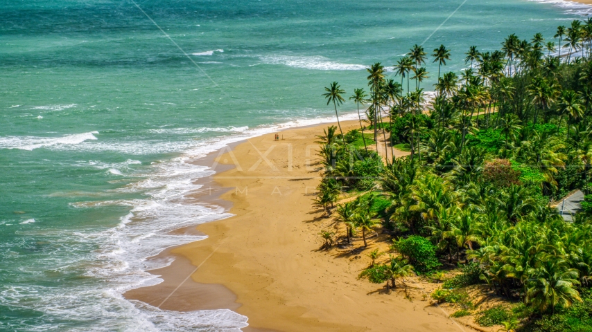 A couple strolling on the beach by turquoise water, Loiza, Puerto Rico Aerial Stock Photo AX102_024.0000000F | Axiom Images