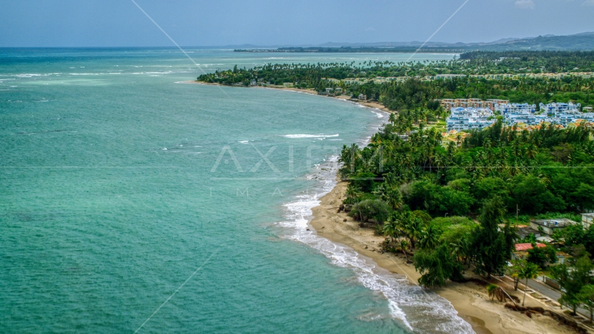 A tree lined beach and crystal turquoise waters near condos in Loiza, Puerto Rico Aerial Stock Photo AX102_035.0000049F | Axiom Images