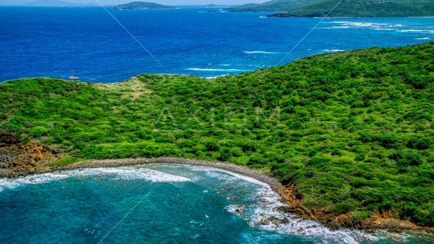 Tree covered Caribbean island coast of Culebra, Puerto Rico Aerial Stock Photo AX102_108.0000211F | Axiom Images