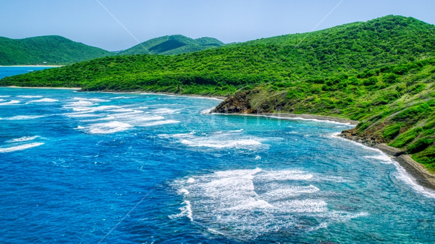 Sapphire blue waters and green covered coastline, Culebra, Puerto Rico  Aerial Stock Photo AX102_110.0000000F | Axiom Images