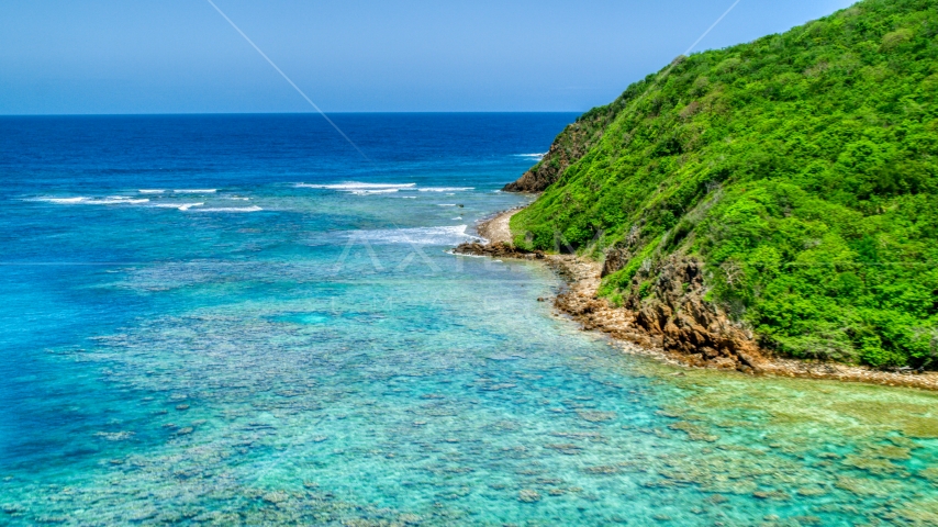 Reefs in sapphire blue waters and a rugged coastline, Culebra, Puerto Rico  Aerial Stock Photo AX102_114.0000000F | Axiom Images