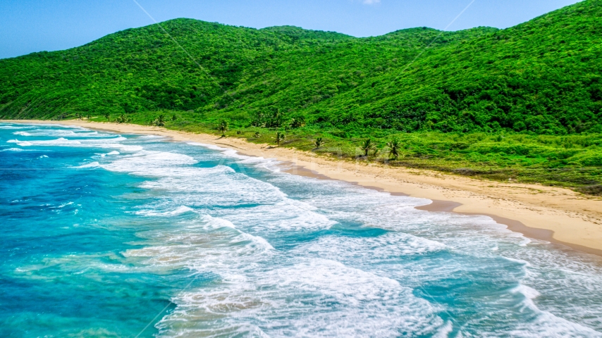 Turquoise blue waters along a Caribbean beach and lush vegetative coast, Culebra, Puerto Rico  Aerial Stock Photo AX102_117.0000000F | Axiom Images