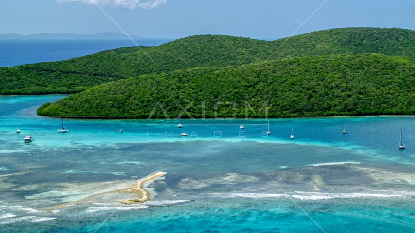 Sailboats in turquoise waters beside a Caribbean island coast, Culebra, Puerto Rico  Aerial Stock Photo AX102_140.0000148F | Axiom Images