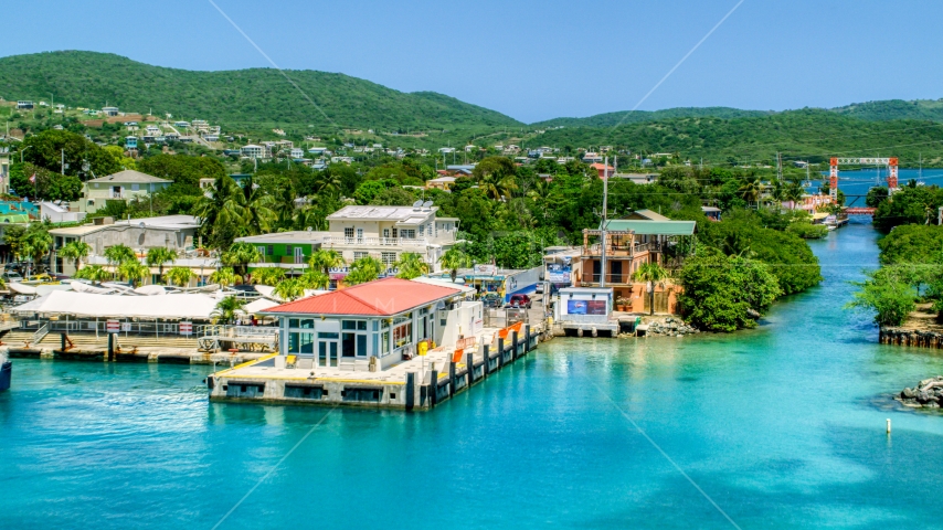 The small oceanside island town of Culebra, Puerto Rico  Aerial Stock Photo AX102_150.0000190F | Axiom Images