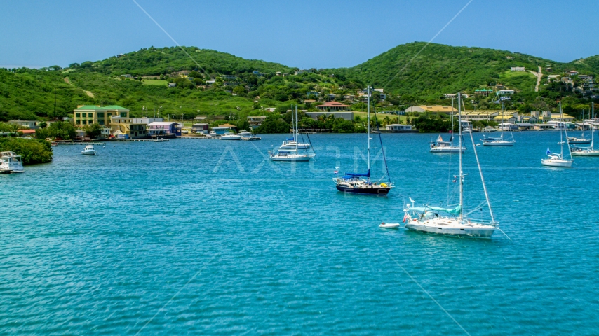Sailboats in the harbor near the small island town in Culebra, Puerto Rico Aerial Stock Photo AX102_162.0000091F | Axiom Images