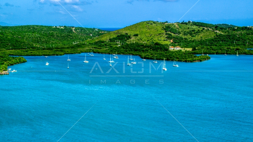 Sailboats anchored by a Caribbean island coast, Culebra, Puerto Rico Aerial Stock Photo AX102_168.0000000F | Axiom Images