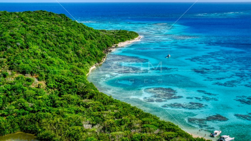 Sailboat and reefs by a tree filled island coast, Culebrita, Puerto Rico  Aerial Stock Photo AX102_185.0000000F | Axiom Images
