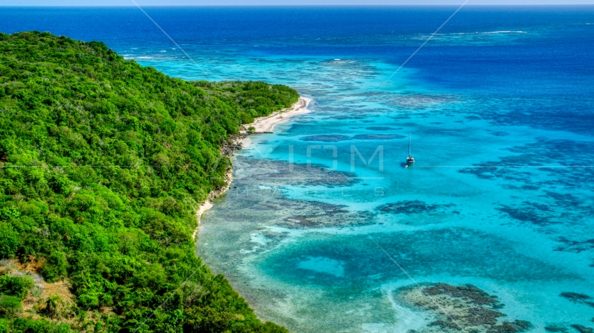 Sailboat anchored by reefs and a tree filled island coast, Culebrita, Puerto Rico  Aerial Stock Photo AX102_185.0000123F | Axiom Images
