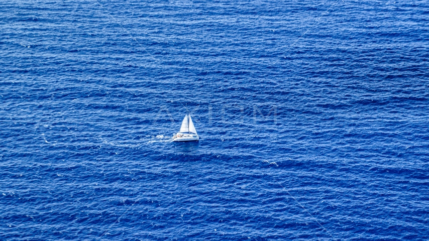 Catamaran sailing sapphire blue waters, Atlantic Ocean Aerial Stock Photo AX102_193.0000158F | Axiom Images